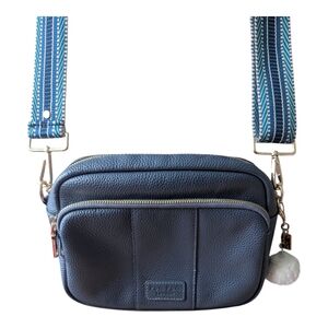 Pom Pom London Original Crossbody Bag Slate Blue with Patterned Strap & Keychain